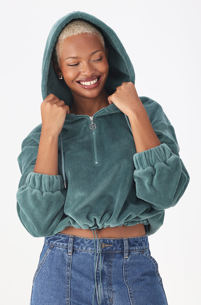 Ladies | Emma Fluffy Quarter Zip Top _ 156447 Sage Sweatshirts
