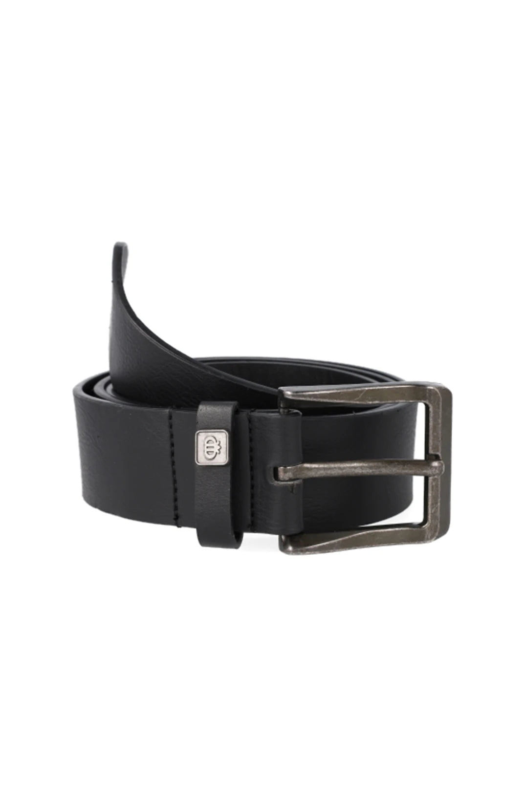 A black leather belt with a dark silver-toned rectangular buckle.