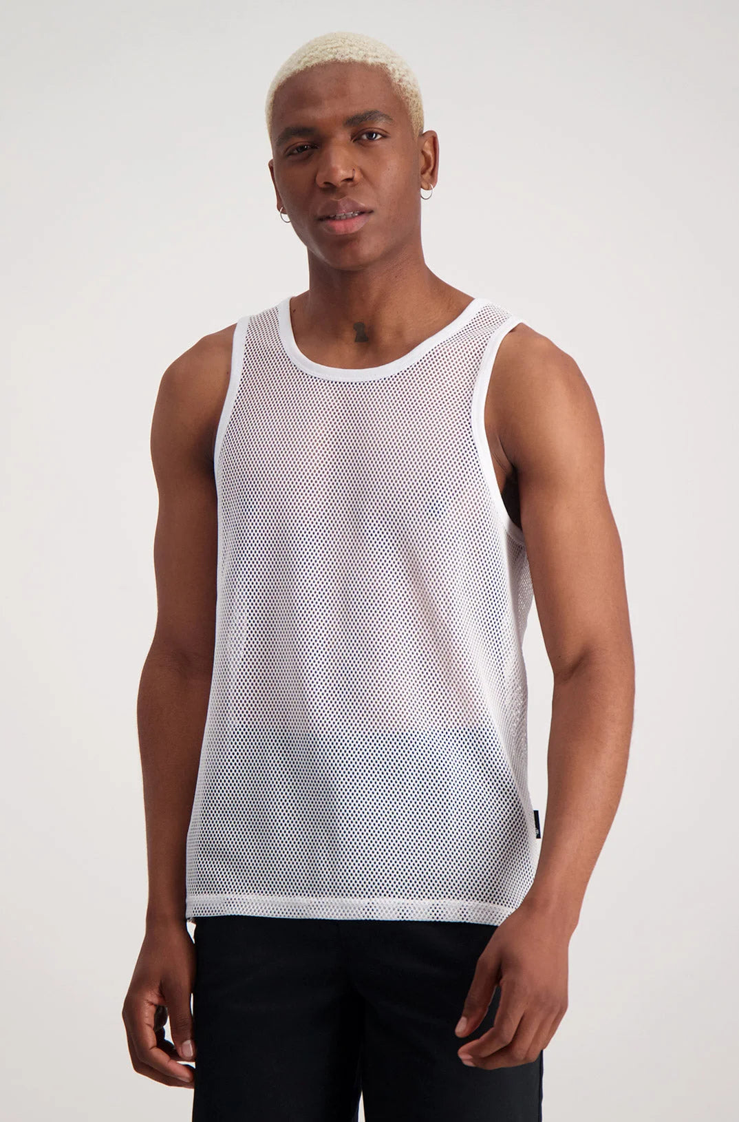 White mesh tank top with diagonal stripes.