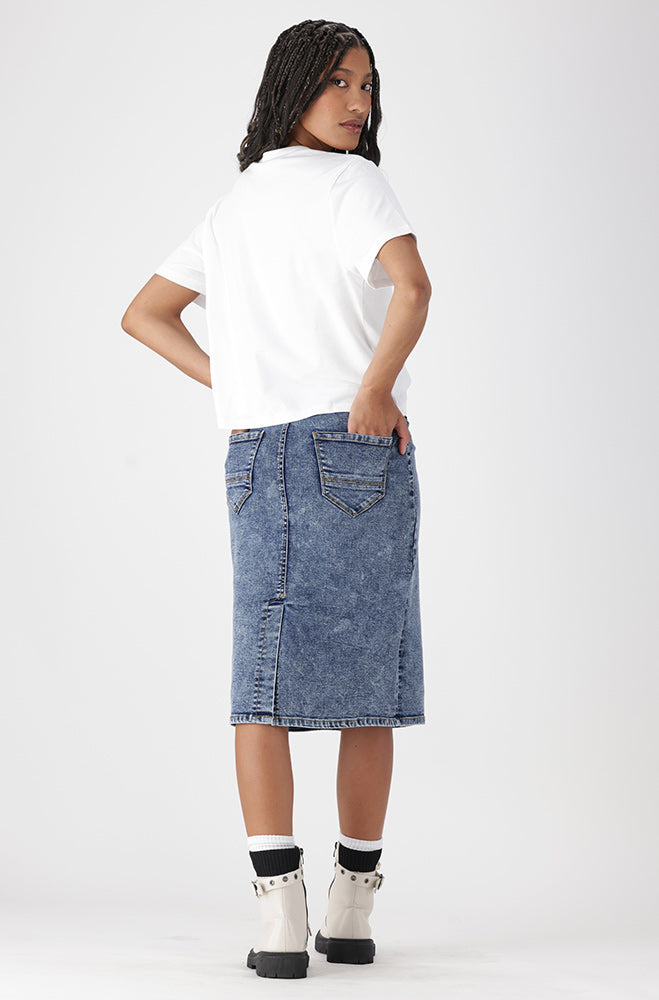 Ladies | Jenny Tube Denim Skirt Mock Slit _ 171474 Dark Wash Skirts