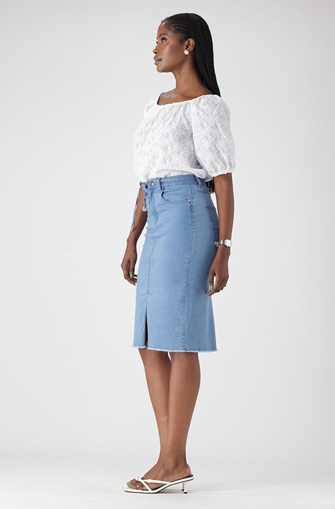 NAOME DENIM UNCLIPPED TIE SKIRT