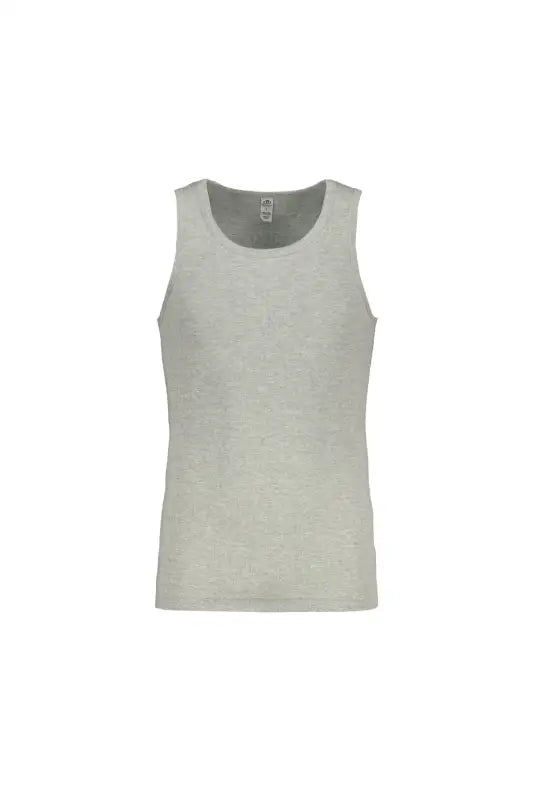 Light gray sleeveless men’s undershirt with a scoop neck.