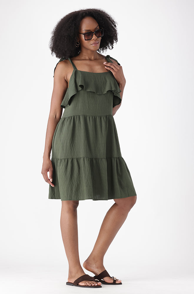 ZOEY MIDI SHOULDER TIE DRESS