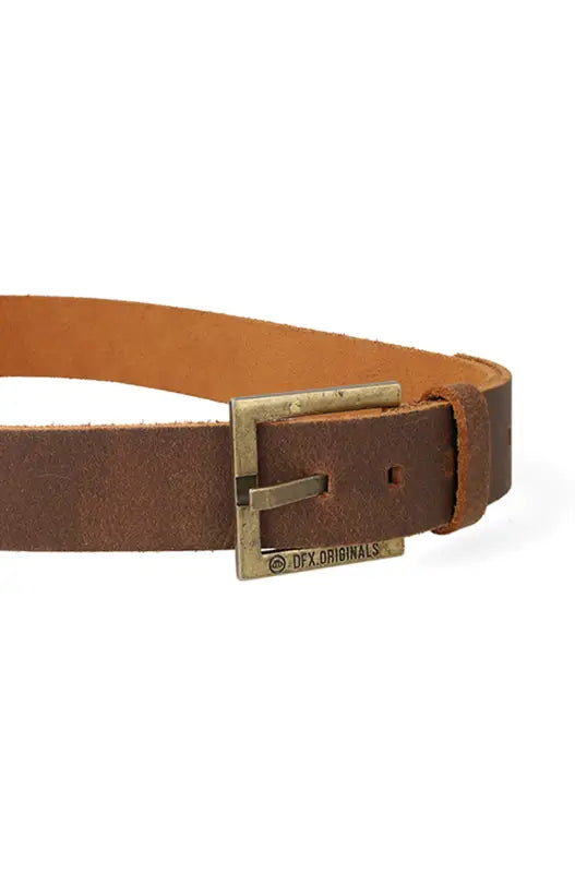 Distressed brown leather belt with a rectangular brass buckle.