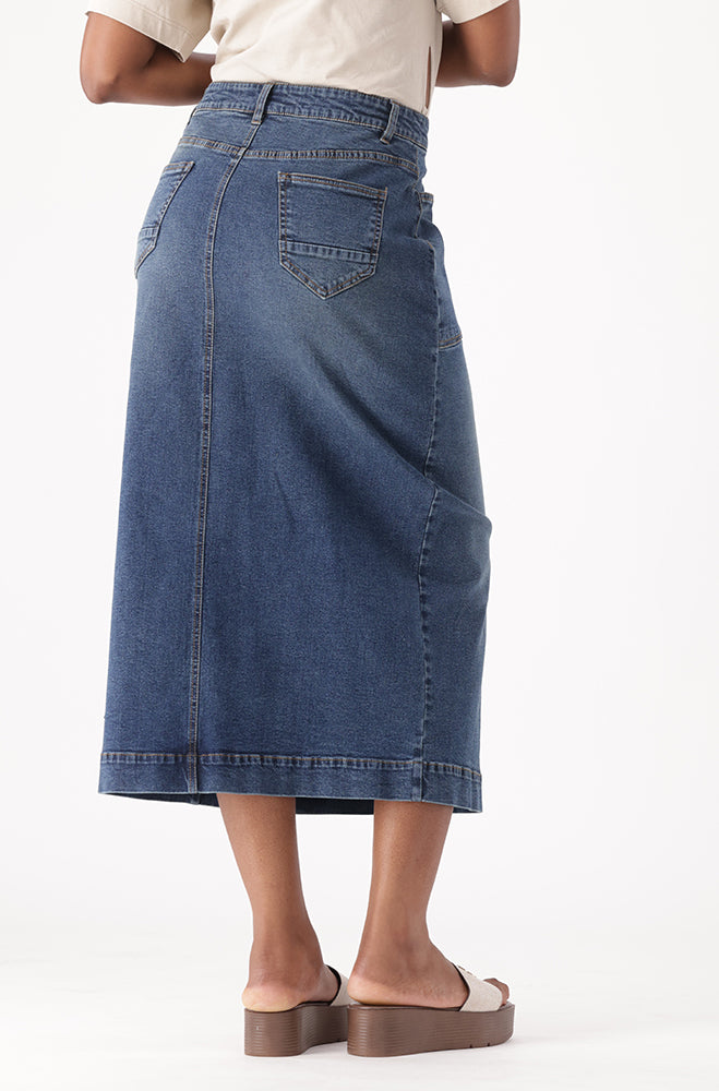 IRA DENIM LONGER LENGTH BUTTON SKIRT