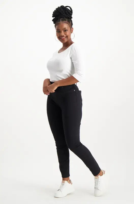 Women’s black skinny jeans.