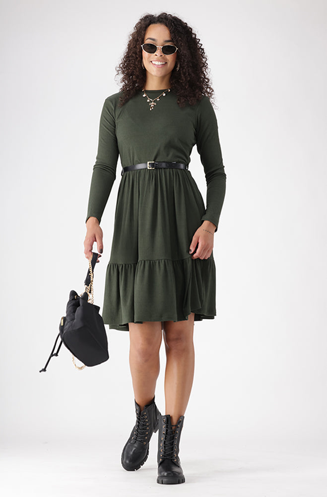 TATUM BELTED TIERED RIB DRESS