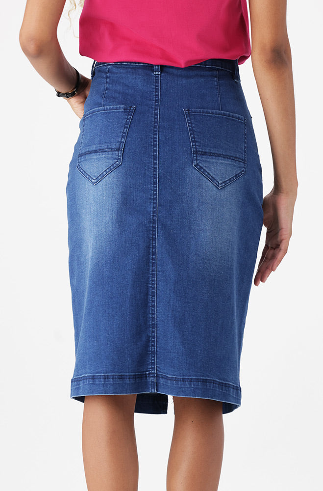 Ladies | Demi Front Slit Denim Skirt _ 161846 Mid Wash Skirts