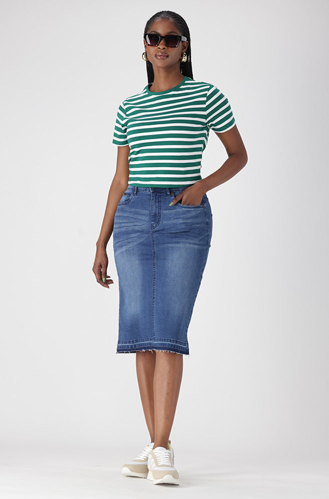 KENDRA DENIM UNCLIPPED HEM SKIRT