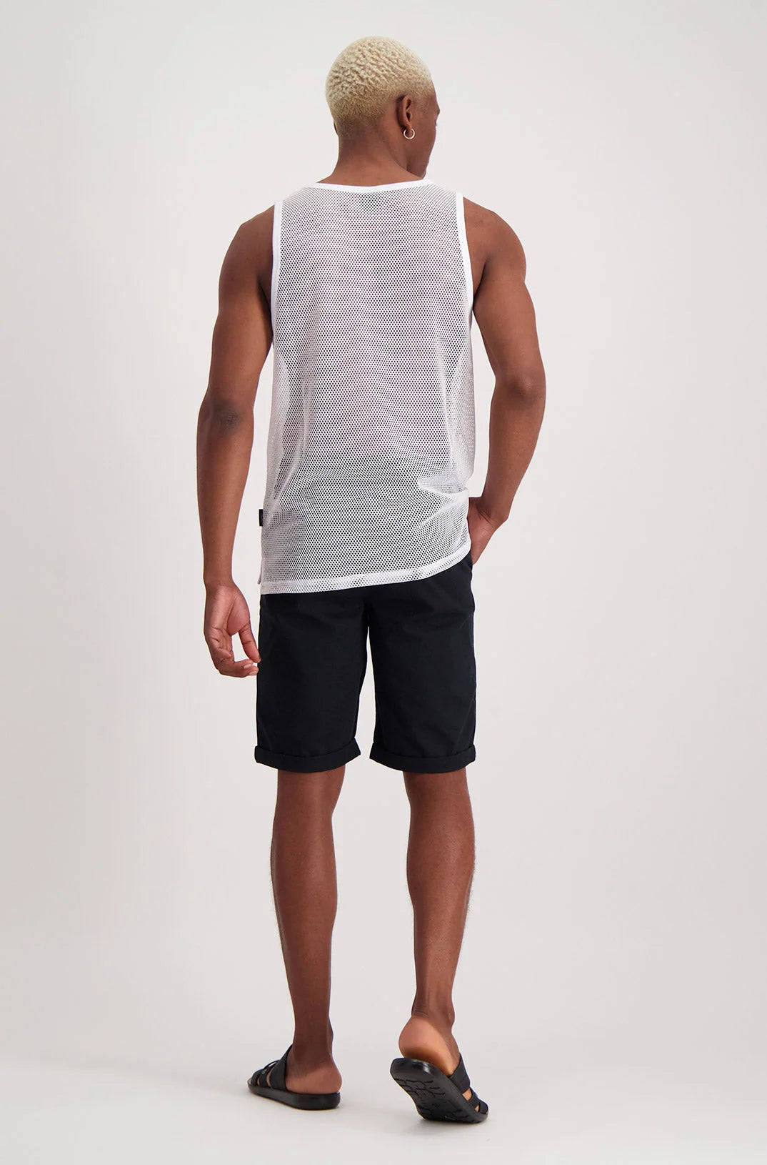 Men’s white mesh tank top.