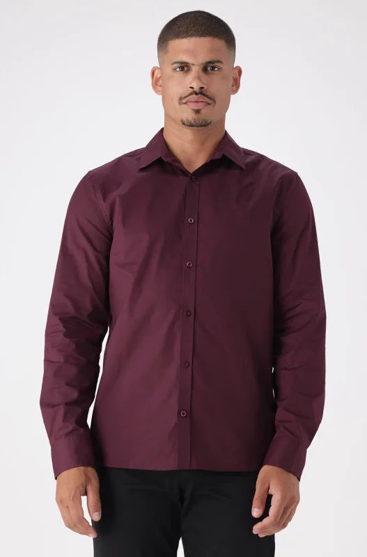 Men’s long-sleeve button-up shirt in a dark burgundy or maroon color.