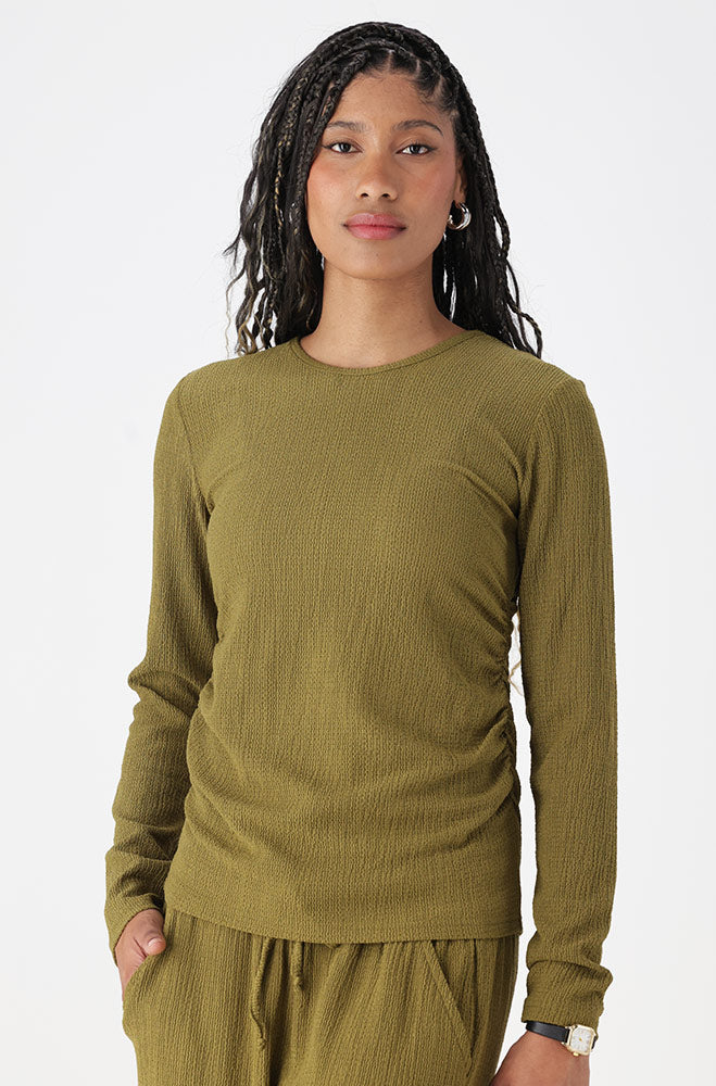 Ladies | Kate Long Sleeve Texture Top with Side Ruching Sweaters