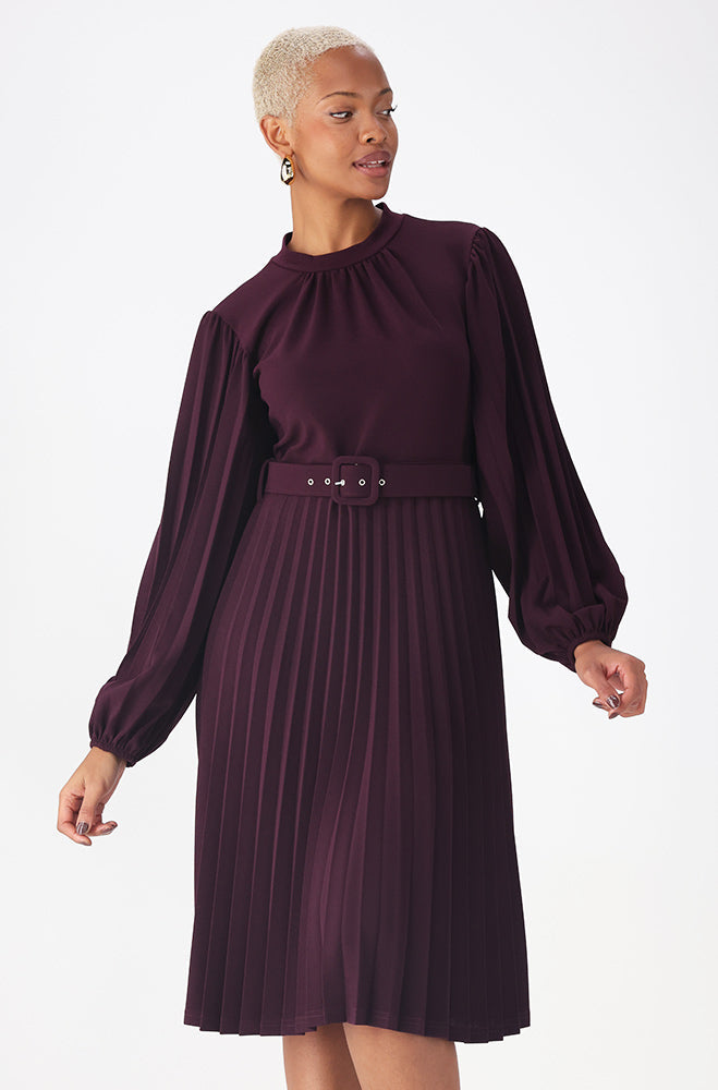 Dunns Clothing Lora Belted Pleat Dress 160602 Purple R299