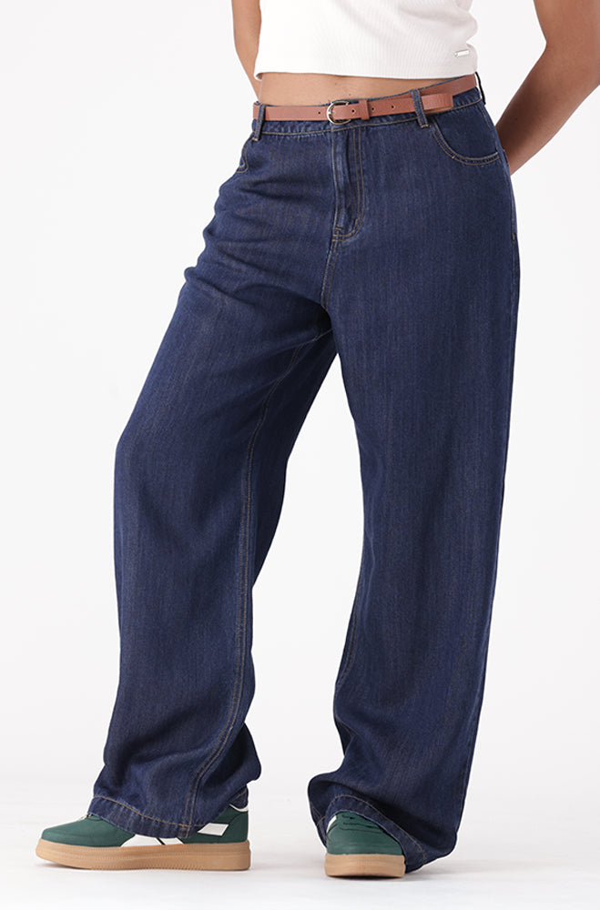 INAYA DENIM BELTED WIDE LEG PANTS