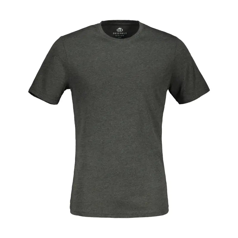 A men’s short-sleeved charcoal grey t-shirt with a crew neck.