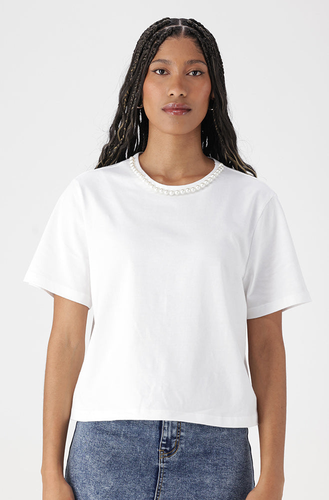 Ladies | Lea Boxy Tee with Pearl Trim Detail _ 163126 White T-shirts