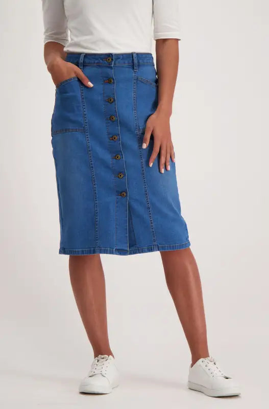 Knee length button sales through denim skirt