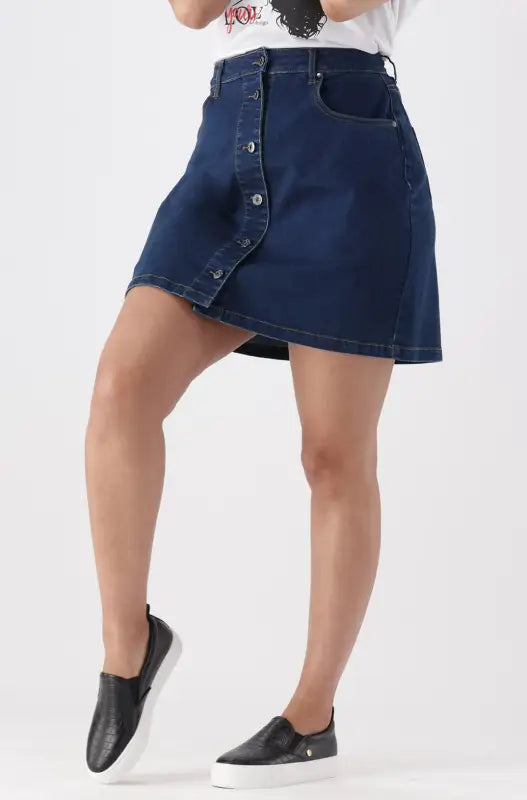 Dunns Clothing | Ladies | Camden Button Through Short Denim Skirt _ 145881 Dark