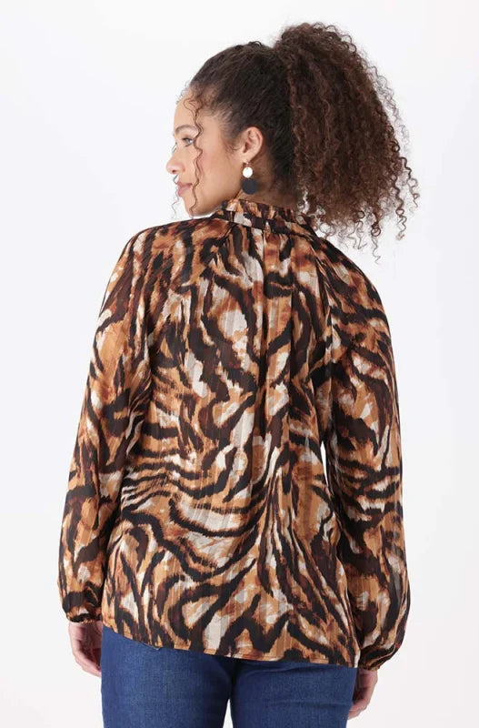 Dunns Clothing | Ladies | Kamala Animal Print Tie Blouse _ 148363 Brown