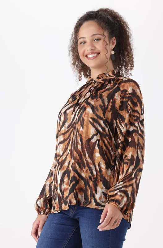 Dunns Clothing | Ladies | Kamala Animal Print Tie Blouse _ 148363 Brown