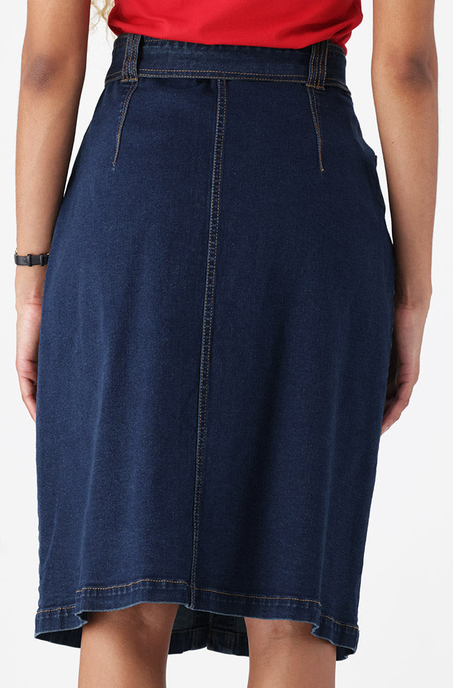 Ladies | Camden Button Through Belted Denim Skirt _ 156351 Dark Wash Skirts