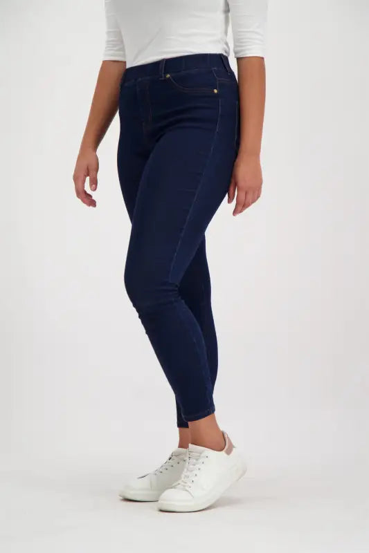 Dark blue stretch-denim skinny jeans with five pockets.