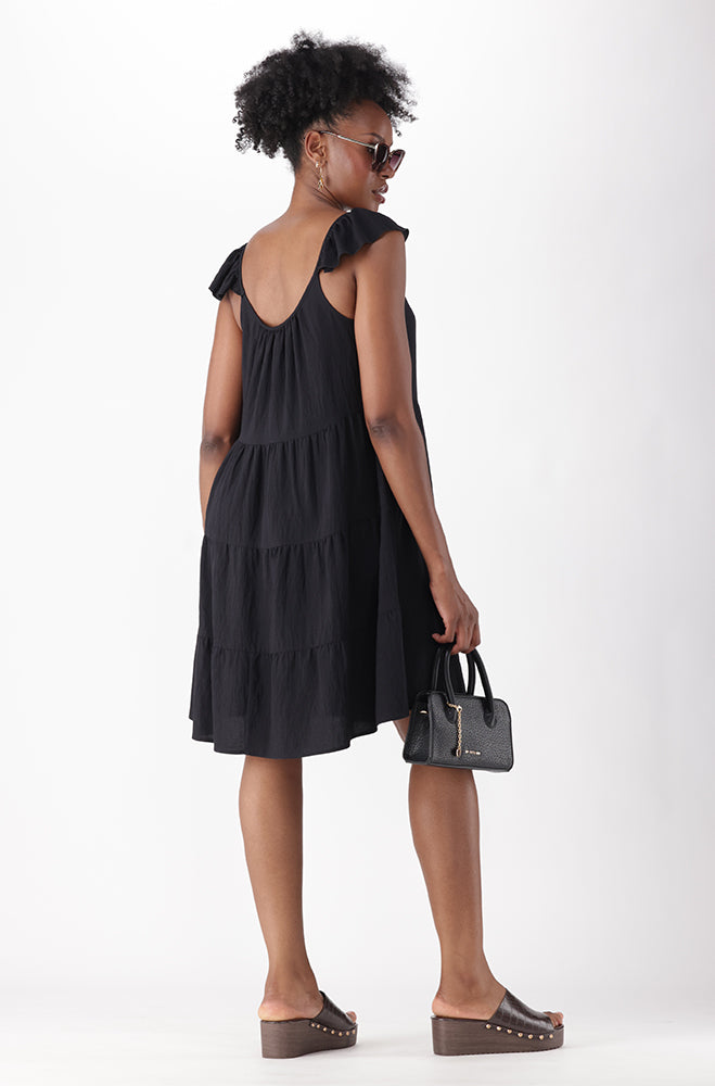 LIRIEN FLUTTER SLEEVE MIDI DRESS