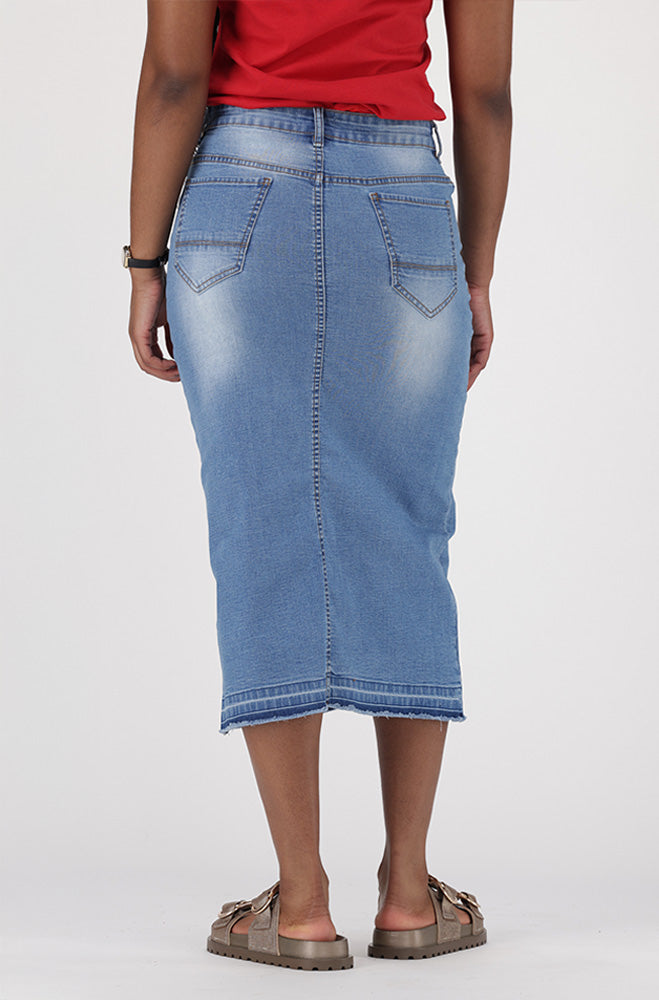 ROSIE DENIM LONGER LENGTH UNCLIPPED HEM SKIRT