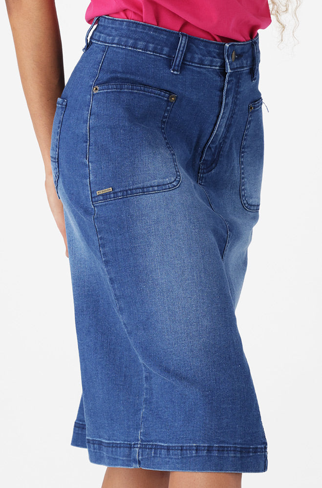 Ladies | Demi Front Slit Denim Skirt _ 161846 Mid Wash Skirts
