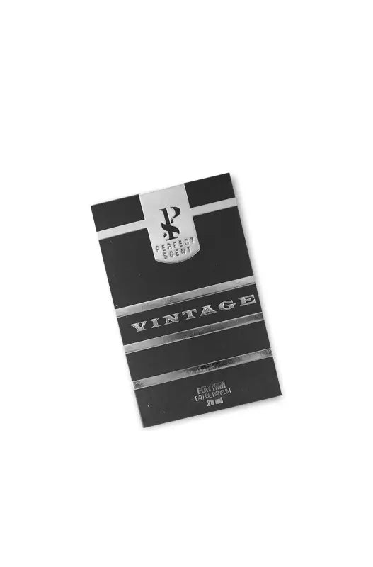 Black rectangular perfume box with silver accents.
