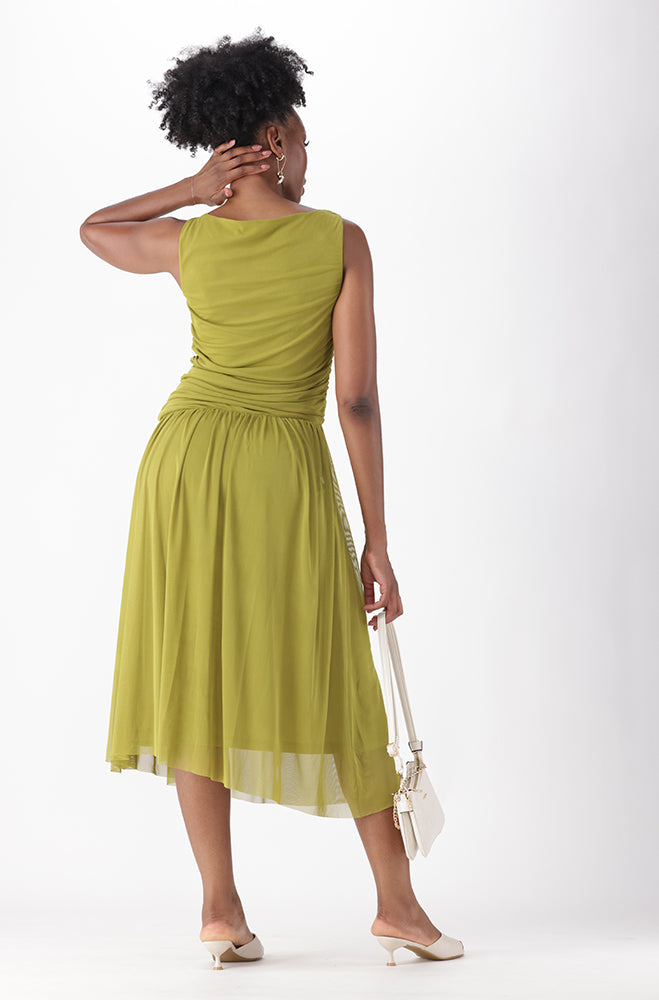ARLINA ASYMMETRIC WAIST MAXI MESH DRESS