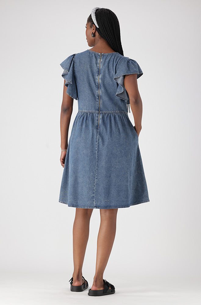 ARI DENIM FLUTTER SLEEVE DRESS
