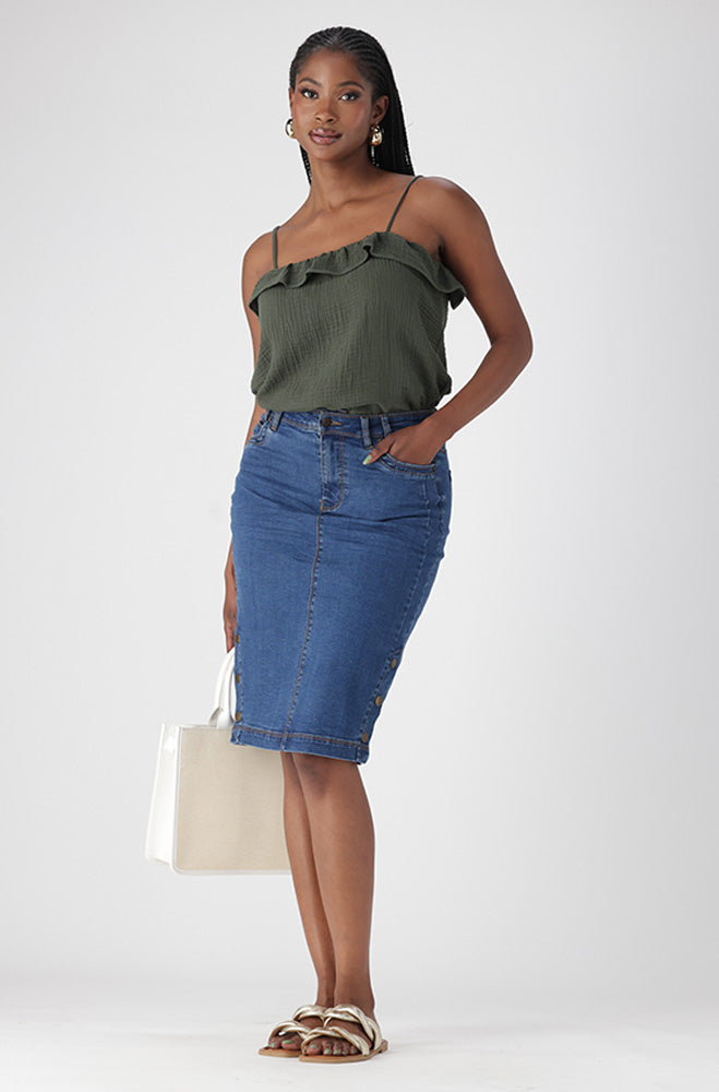 CAMDEN DENIM SIDE BUTTON SKIRT