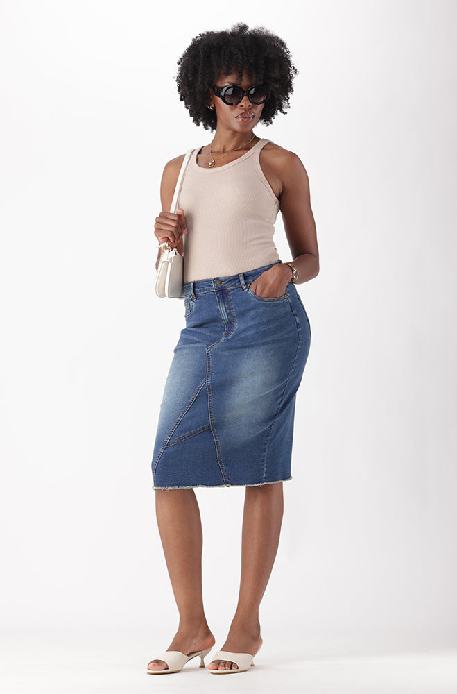 ANAISE DENIM MIDI UNCLIPPED HEM SKIRT