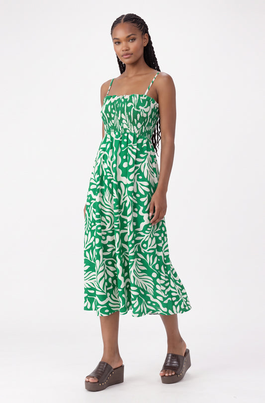 MIRELLA PRINTED STRAPPY SHIRRED DRESS