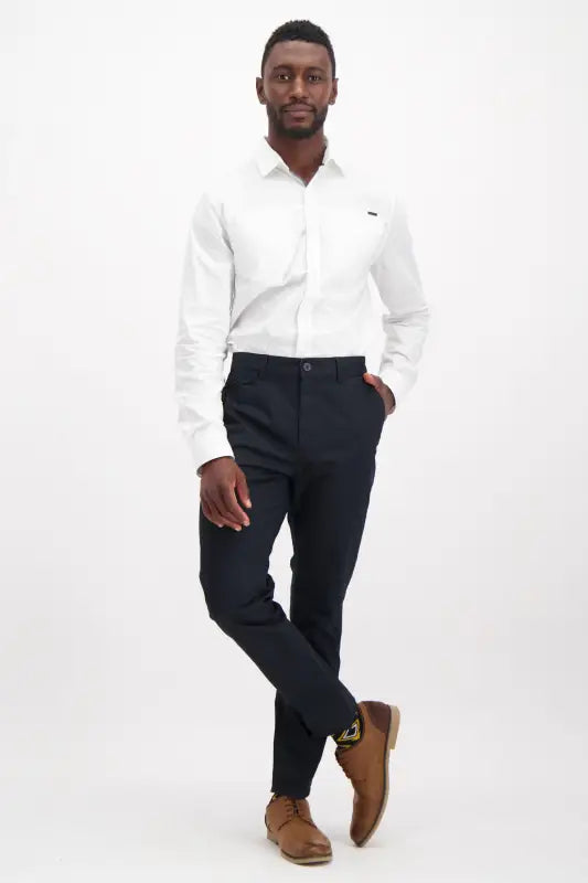 Men’s white long-sleeve collared shirt.