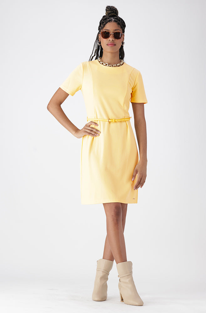 Ladies | Delilah Belted Dress Butter Yellow _ 162932 Yellow Dresses