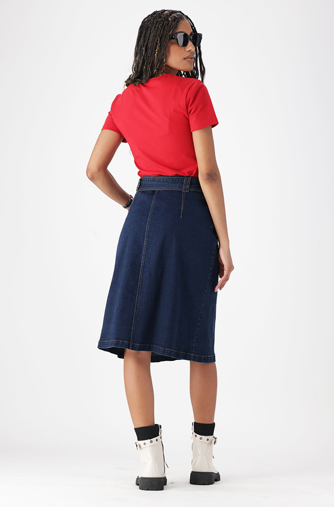 Ladies | Camden Button Through Belted Denim Skirt _ 156351 Dark Wash Skirts