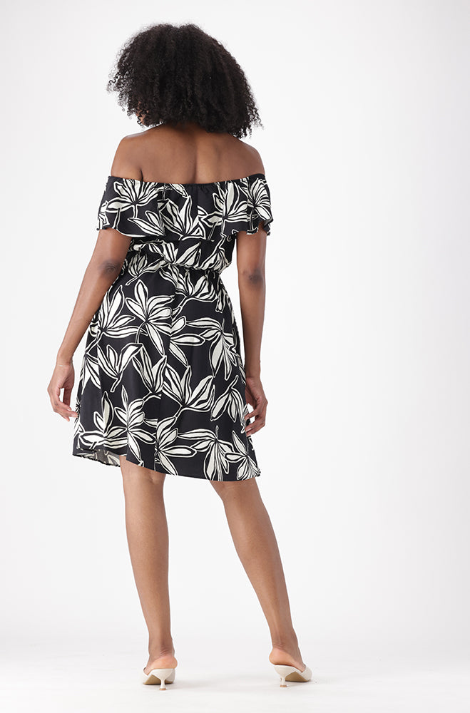 DAHLIA PRINTED MIDI OFF SHOULDER DRESS