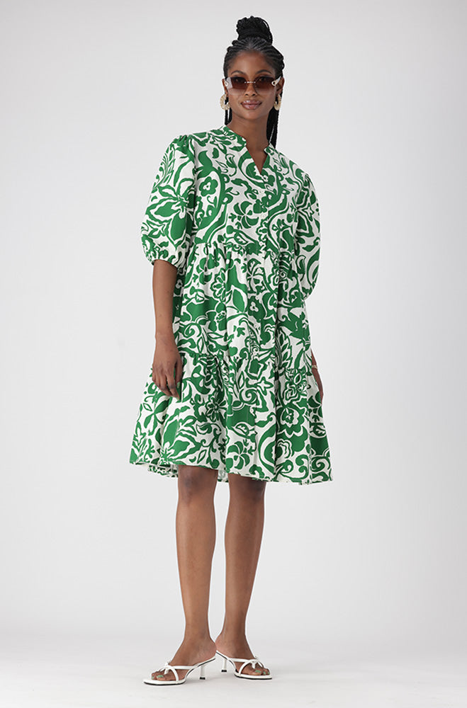 Ladies | Kiara Printed Tiered Poplin Dress _ 161716 Green Dresses
