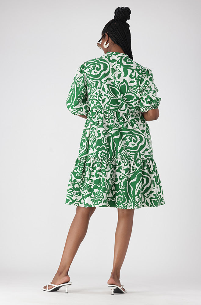 Ladies | Kiara Printed Tiered Poplin Dress _ 161716 Green Dresses