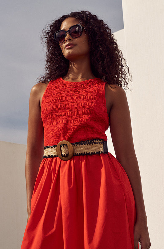 RAY SHIRRED COMBO DRESS