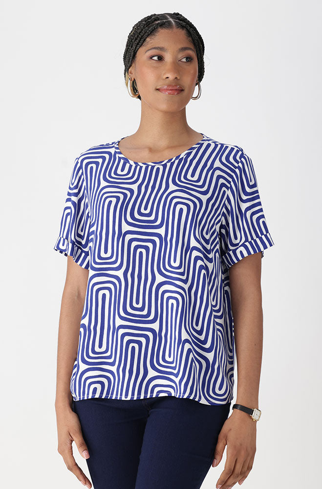 Ladies | Rose Geo Print Boxy Top _ 162105 Blue Blouses