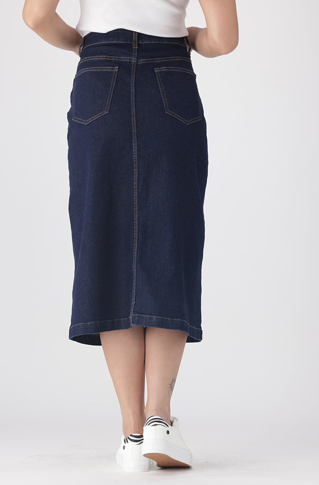Ladies | Ivy Denim Longer Length Front Slit Skit _ 162937 Dark Wash Skirts