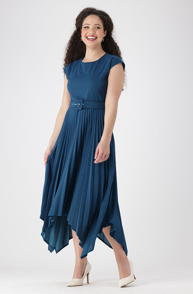 Madina Belted Pleated Dress _ 154030 _ Teal