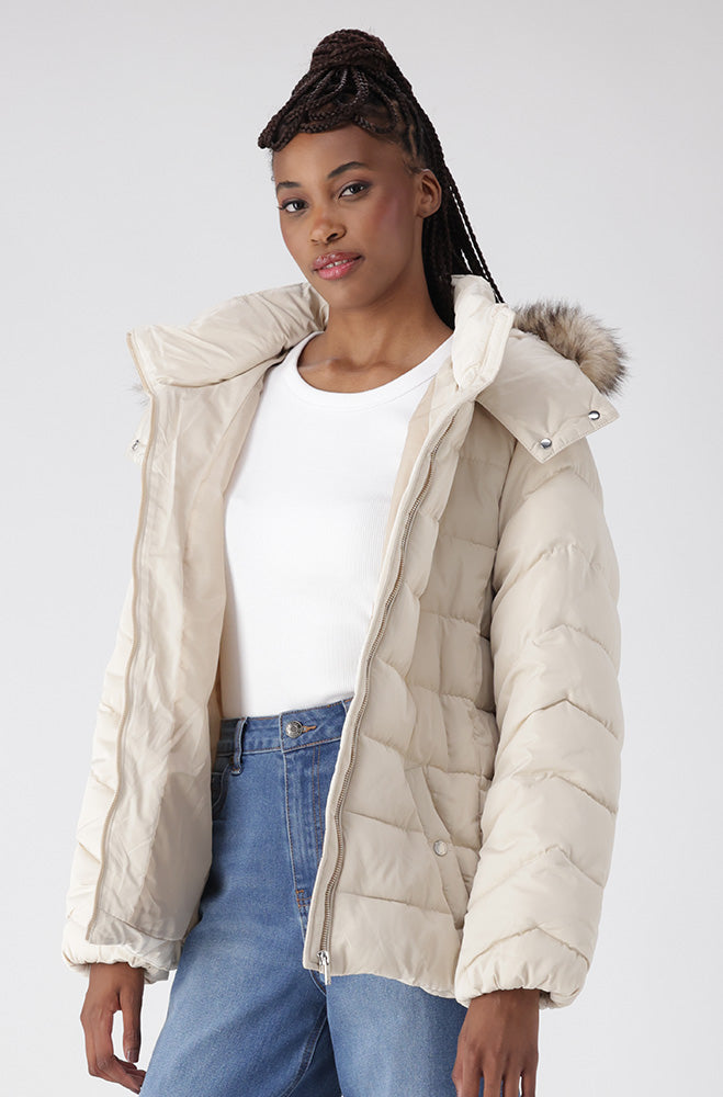 Gia Short Hooded Belted Puffer _ 155566 _ Cream