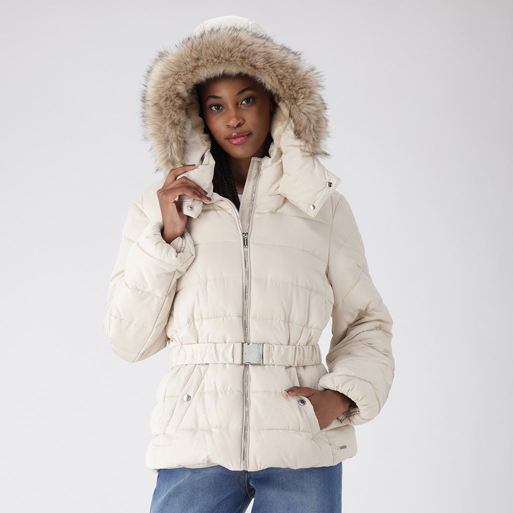 Dunns Clothing | Gia Short Hooded Belted Puffer _ 155566 _