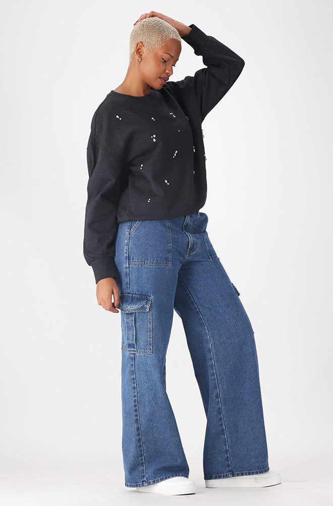 Mia Diamante Crewneck Top _ 156292 _ Charcoal Mel