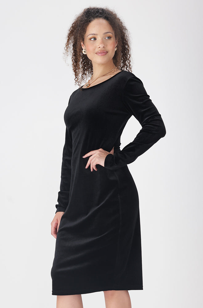 ARIA V NECK VELOUR BODYCON DRESS  _ 157731 _ Black