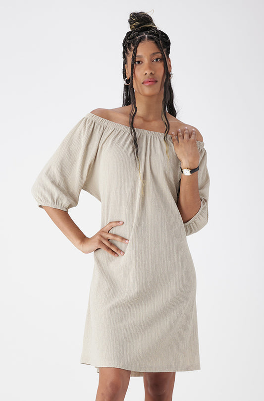 Veronica Off Shoulder Textured Knit Dress _ 162620 _ Taupe